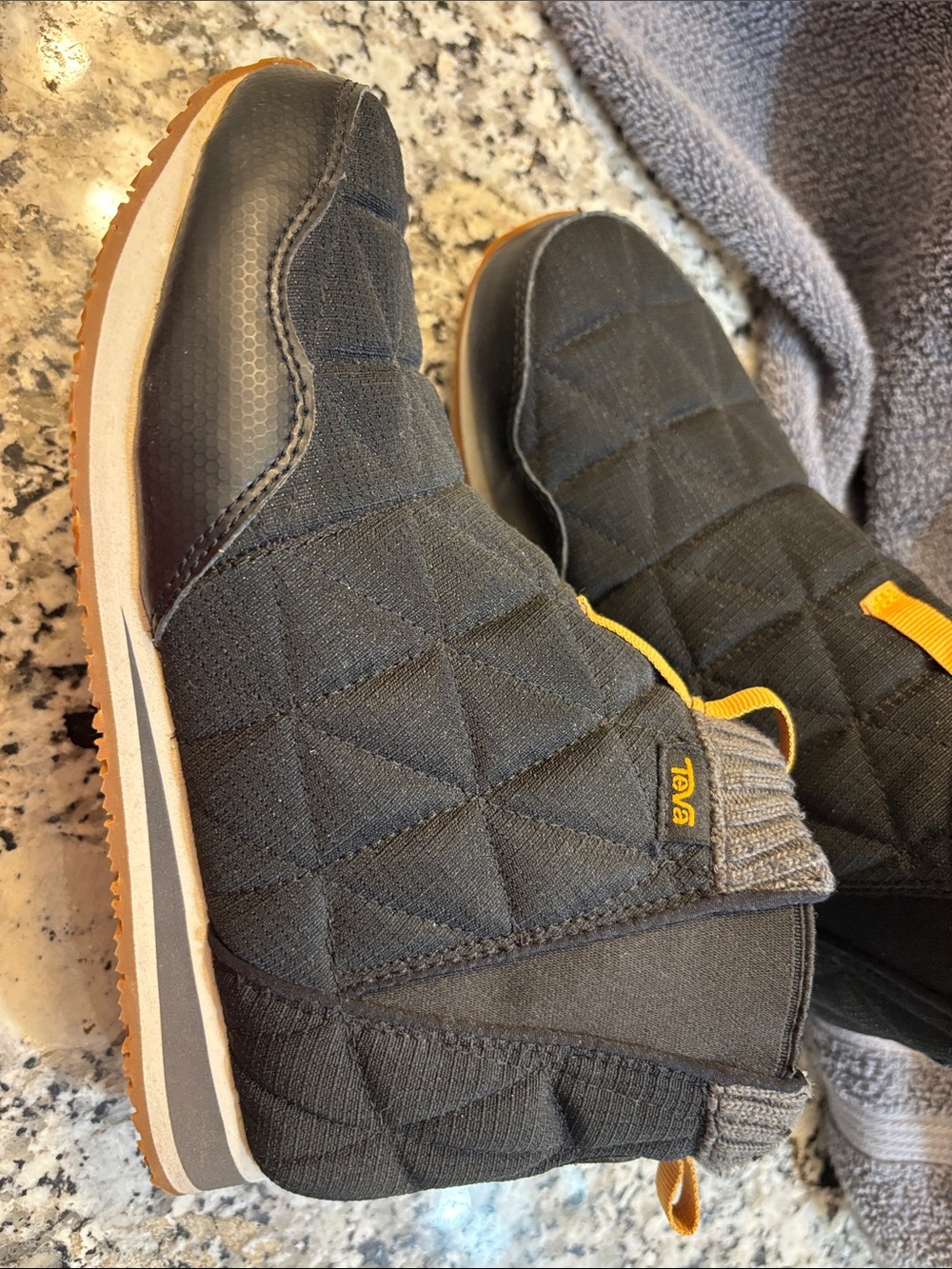 Teva  Black Quilted Slip-On Ankle Boots with Yellow Pull Tabs - Picture 5 of 5